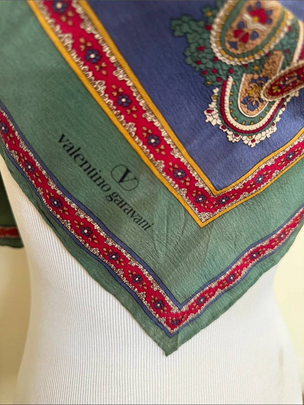 Valentino Garavani Large 31x31 Silk Paisley Scarf Blue Green